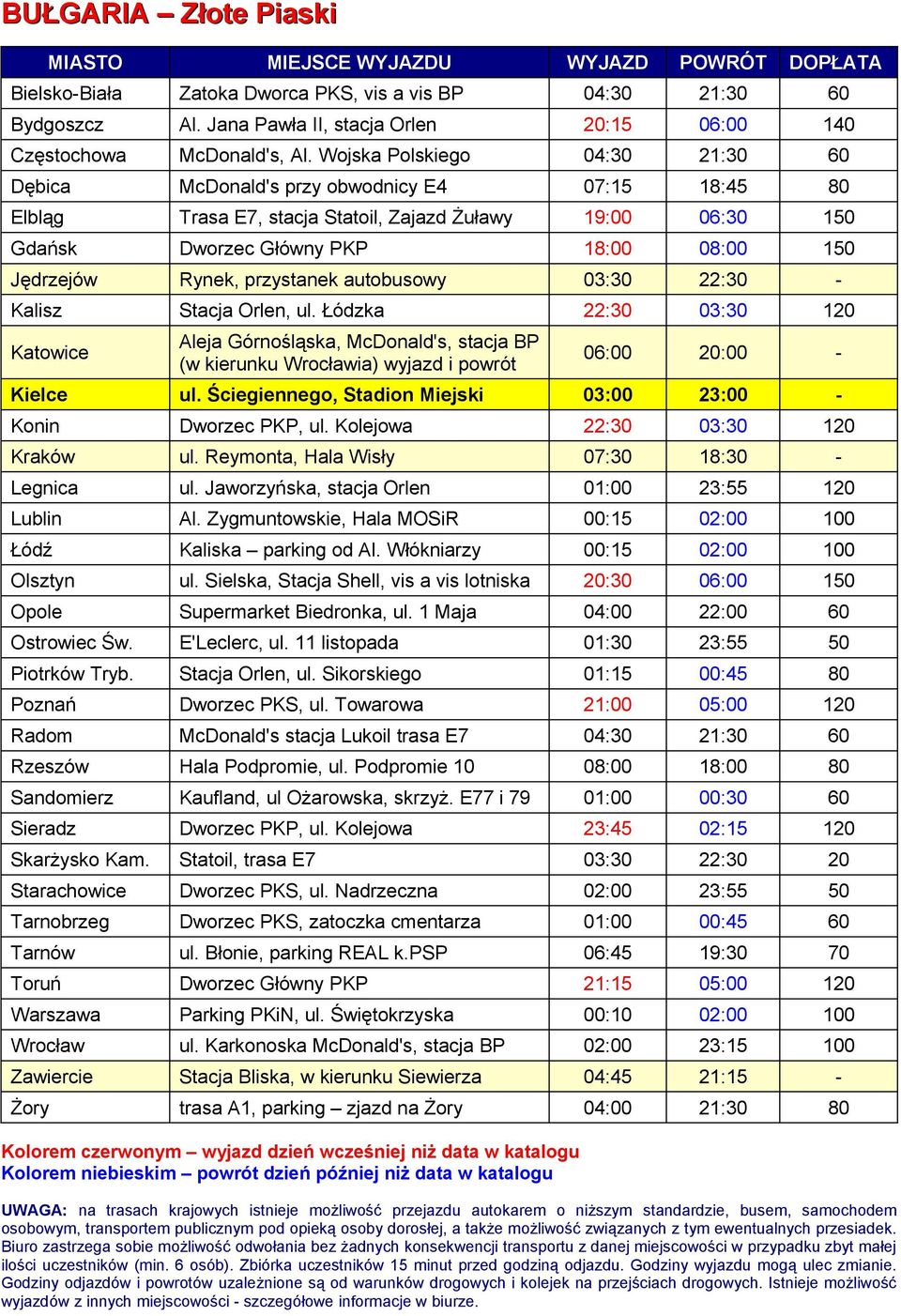 Rynek, przystanek autobusowy 03:30 22:30 - Kalisz Stacja Orlen, ul. Łódzka 22:30 03:30 120 06:00 20:00 - Kielce ul. Ściegiennego, Stadion Miejski 03:00 23:00 - Konin Dworzec PKP, ul.
